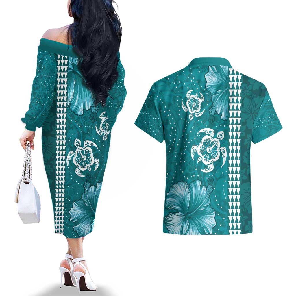 Teal Hibiscus Turle Couples Matching Off The Shoulder Long Sleeve Dress and Hawaiian Shirt Hawaiian Style Tribal Tapa Pattern LT9 - Polynesian Pride