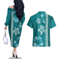 Teal Hibiscus Turle Couples Matching Off The Shoulder Long Sleeve Dress and Hawaiian Shirt Hawaiian Style Tribal Tapa Pattern LT9 - Polynesian Pride