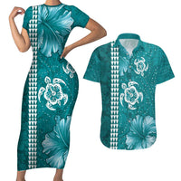 Teal Hibiscus Turle Couples Matching Short Sleeve Bodycon Dress and Hawaiian Shirt Hawaiian Style Tribal Tapa Pattern LT9 Teal - Polynesian Pride