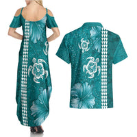 Teal Hibiscus Turle Couples Matching Summer Maxi Dress and Hawaiian Shirt Hawaiian Style Tribal Tapa Pattern LT9 - Polynesian Pride