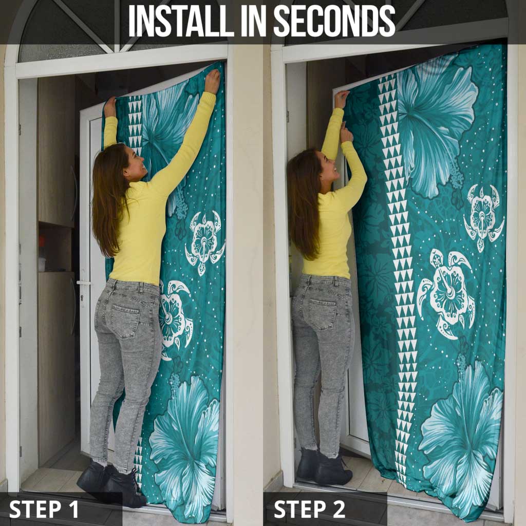 Teal Hibiscus Turle Door Cover Hawaiian Style Tribal Tapa Pattern - Polynesian Pride