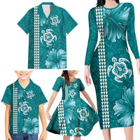Teal Hibiscus Turle Family Matching Long Sleeve Bodycon Dress and Hawaiian Shirt Hawaiian Style Tribal Tapa Pattern LT9 - Polynesian Pride