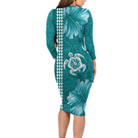 Teal Hibiscus Turle Family Matching Long Sleeve Bodycon Dress and Hawaiian Shirt Hawaiian Style Tribal Tapa Pattern LT9 - Polynesian Pride