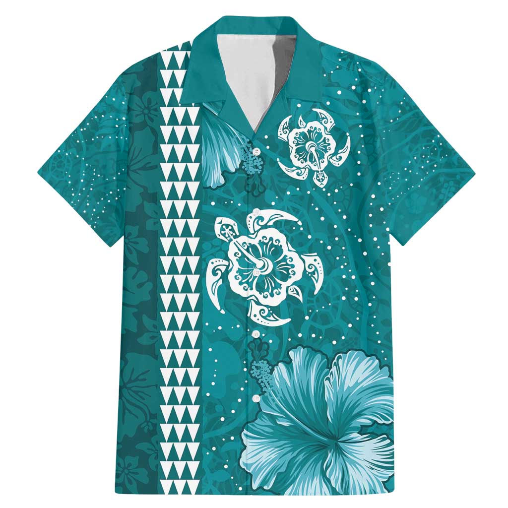 Teal Hibiscus Turle Family Matching Mermaid Dress and Hawaiian Shirt Hawaiian Style Tribal Tapa Pattern LT9 Dad's Shirt - Short Sleeve Teal - Polynesian Pride