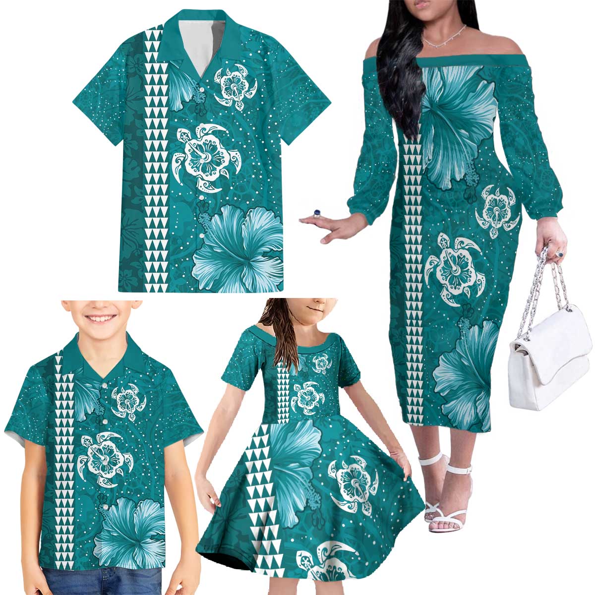 Teal Hibiscus Turle Family Matching Off The Shoulder Long Sleeve Dress and Hawaiian Shirt Hawaiian Style Tribal Tapa Pattern LT9 - Polynesian Pride