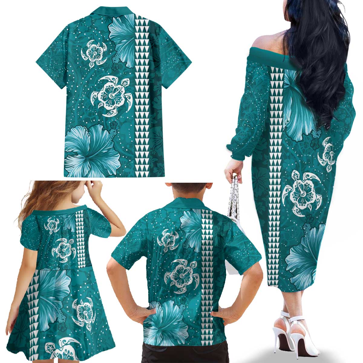 Teal Hibiscus Turle Family Matching Off The Shoulder Long Sleeve Dress and Hawaiian Shirt Hawaiian Style Tribal Tapa Pattern LT9 - Polynesian Pride