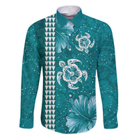 Teal Hibiscus Turle Family Matching Off The Shoulder Long Sleeve Dress and Hawaiian Shirt Hawaiian Style Tribal Tapa Pattern LT9 Dad's Shirt - Long Sleeve Teal - Polynesian Pride