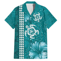 Teal Hibiscus Turle Family Matching Off Shoulder Maxi Dress and Hawaiian Shirt Hawaiian Style Tribal Tapa Pattern LT9 Dad's Shirt - Short Sleeve Teal - Polynesian Pride