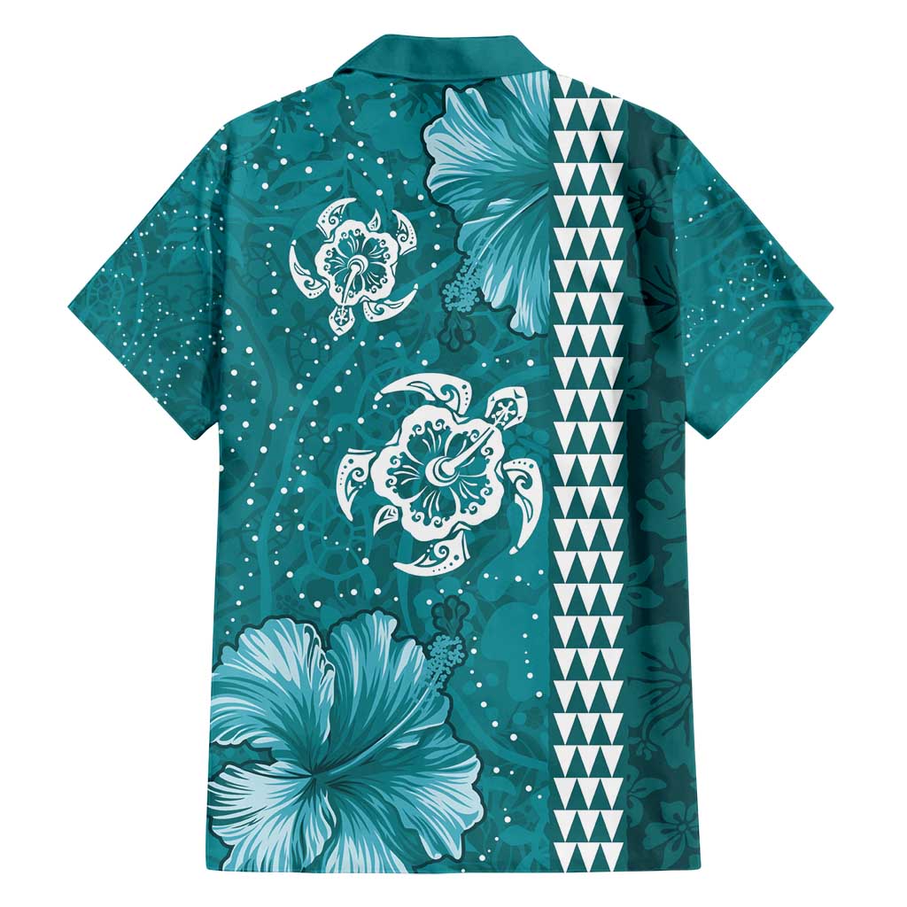 Teal Hibiscus Turle Family Matching Off Shoulder Maxi Dress and Hawaiian Shirt Hawaiian Style Tribal Tapa Pattern LT9 - Polynesian Pride