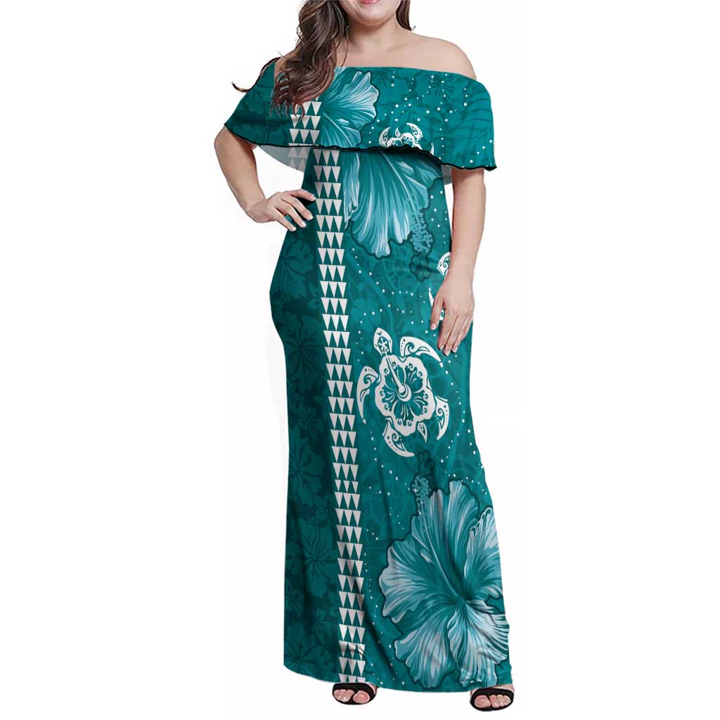 Teal Hibiscus Turle Family Matching Off Shoulder Maxi Dress and Hawaiian Shirt Hawaiian Style Tribal Tapa Pattern LT9 Mom's Dress Teal - Polynesian Pride