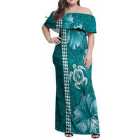 Teal Hibiscus Turle Family Matching Off Shoulder Maxi Dress and Hawaiian Shirt Hawaiian Style Tribal Tapa Pattern LT9 Mom's Dress Teal - Polynesian Pride