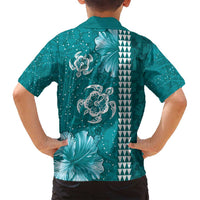 Teal Hibiscus Turle Family Matching Off Shoulder Short Dress and Hawaiian Shirt Hawaiian Style Tribal Tapa Pattern LT9 - Polynesian Pride