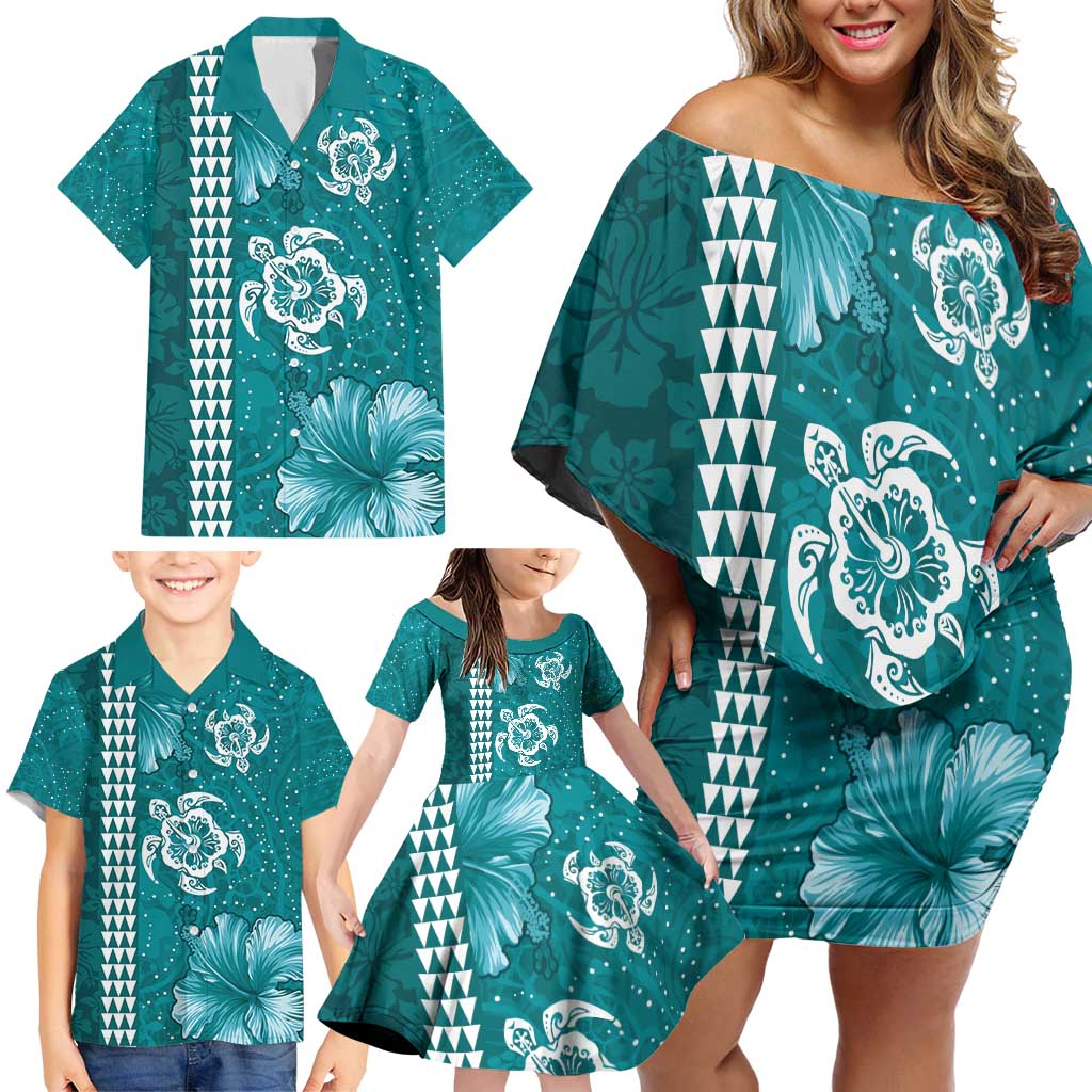 Teal Hibiscus Turle Family Matching Off Shoulder Short Dress and Hawaiian Shirt Hawaiian Style Tribal Tapa Pattern LT9 - Polynesian Pride