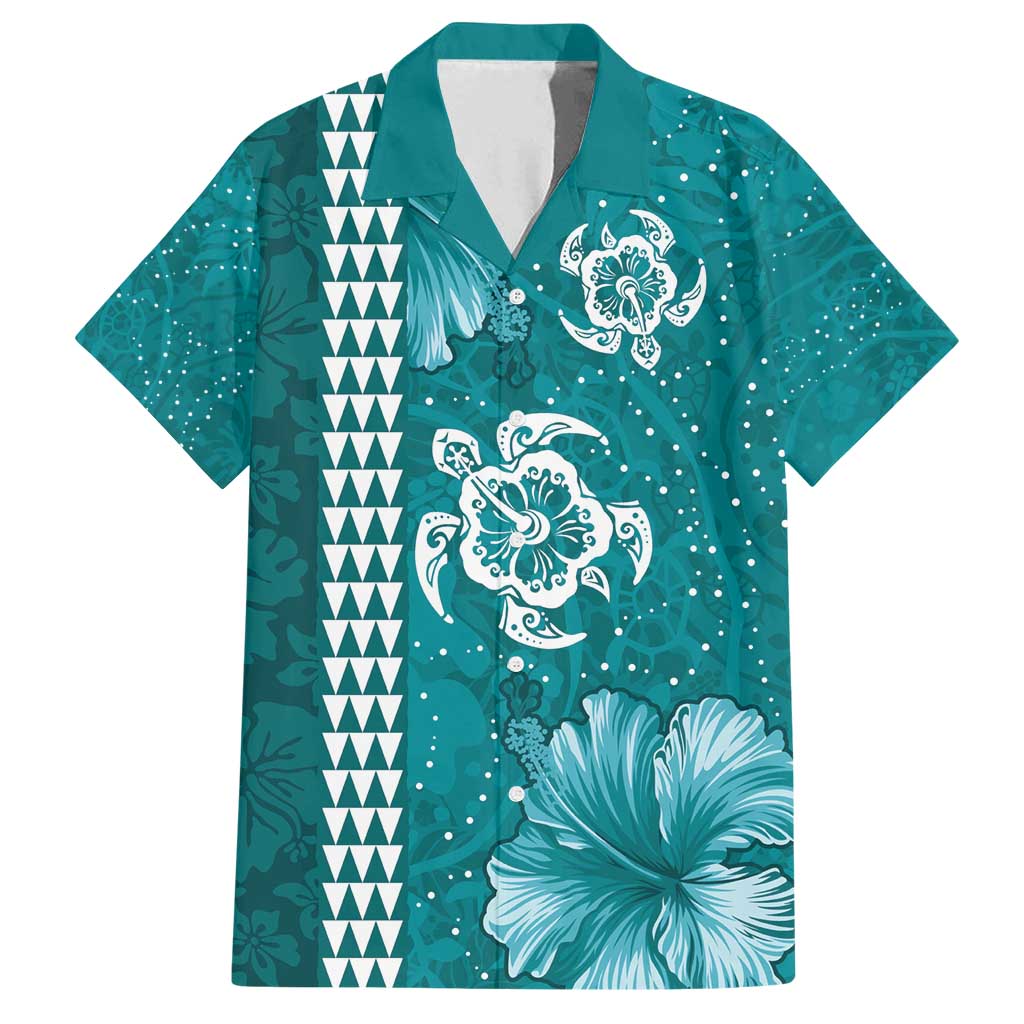 Teal Hibiscus Turle Family Matching Off Shoulder Short Dress and Hawaiian Shirt Hawaiian Style Tribal Tapa Pattern LT9 Dad's Shirt - Short Sleeve Teal - Polynesian Pride