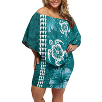Teal Hibiscus Turle Family Matching Off Shoulder Short Dress and Hawaiian Shirt Hawaiian Style Tribal Tapa Pattern LT9 Mom's Dress Teal - Polynesian Pride