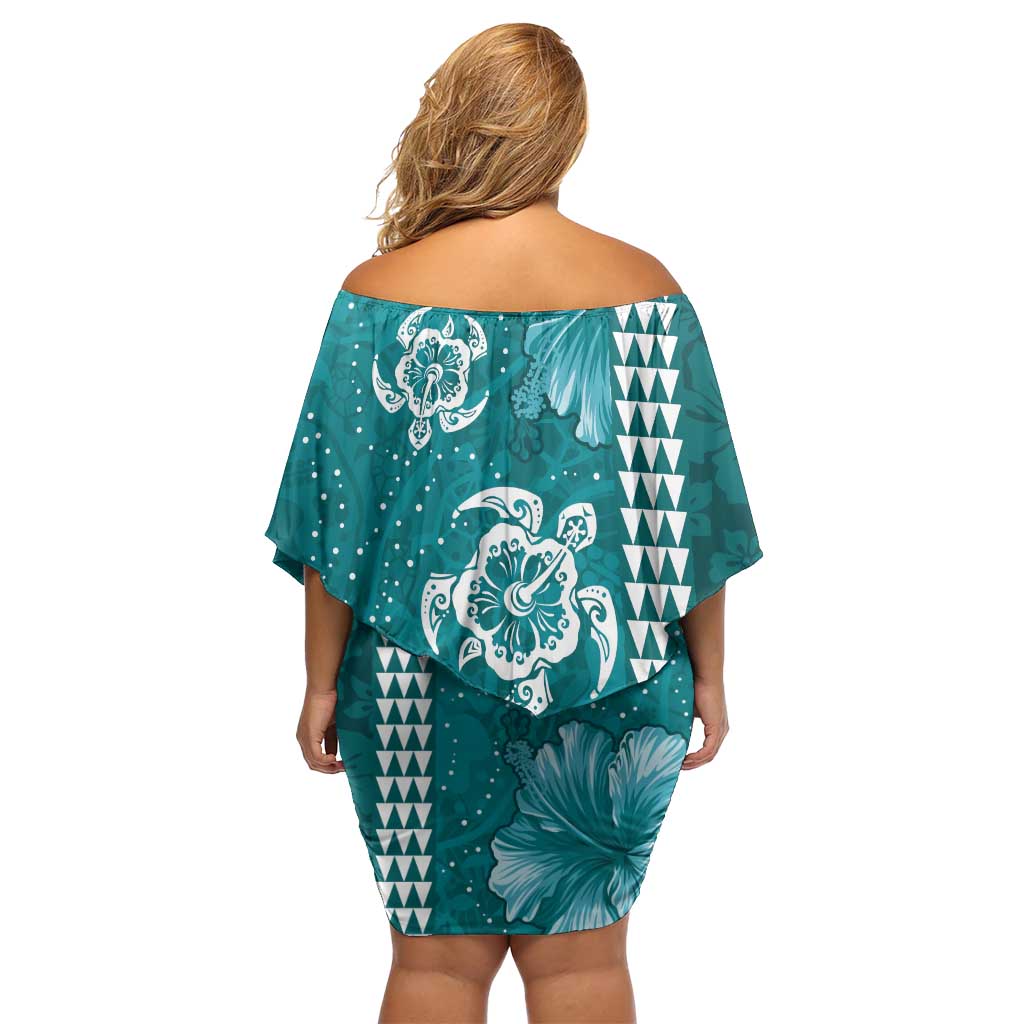 Teal Hibiscus Turle Family Matching Off Shoulder Short Dress and Hawaiian Shirt Hawaiian Style Tribal Tapa Pattern LT9 - Polynesian Pride