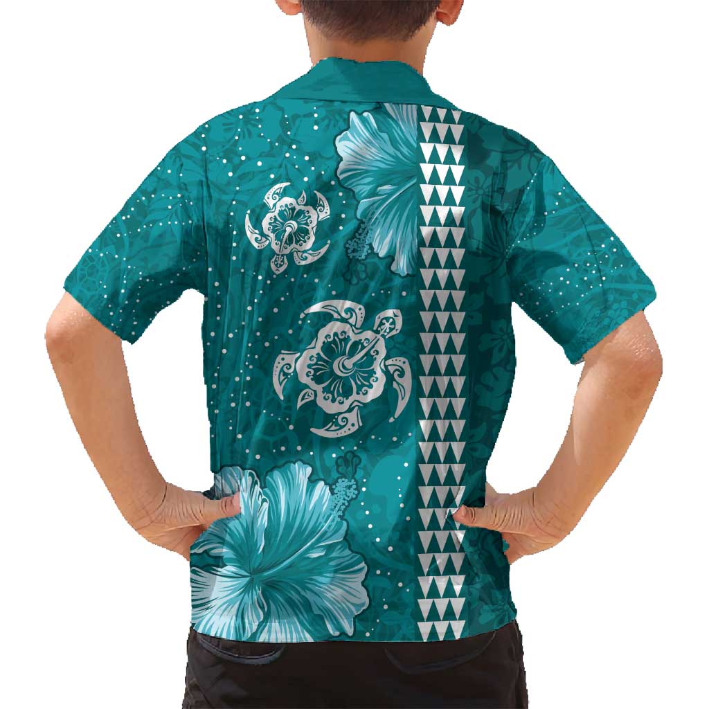 Teal Hibiscus Turle Family Matching Puletasi and Hawaiian Shirt Hawaiian Style Tribal Tapa Pattern LT9 - Polynesian Pride