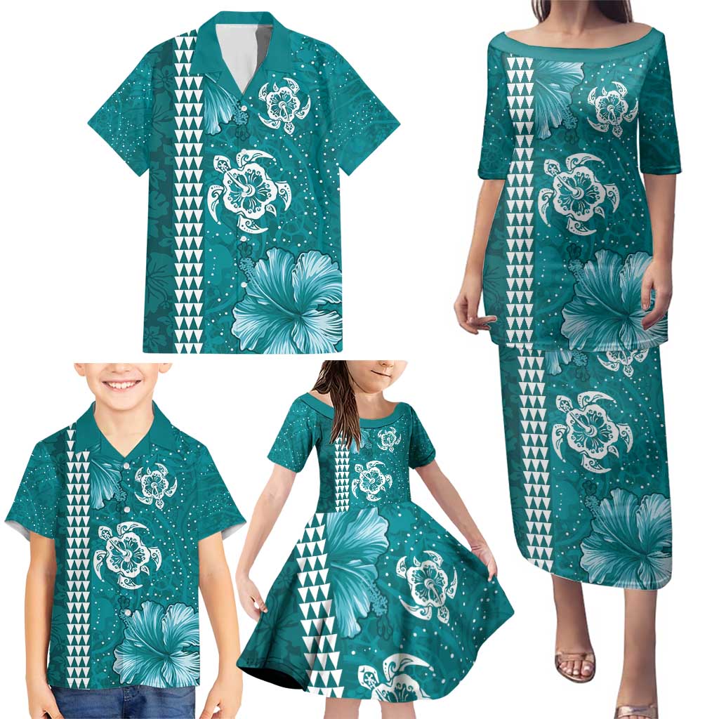 Teal Hibiscus Turle Family Matching Puletasi and Hawaiian Shirt Hawaiian Style Tribal Tapa Pattern LT9 - Polynesian Pride