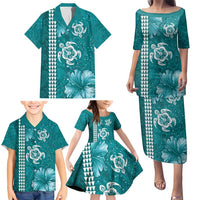 Teal Hibiscus Turle Family Matching Puletasi and Hawaiian Shirt Hawaiian Style Tribal Tapa Pattern LT9 - Polynesian Pride