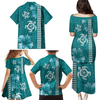 Teal Hibiscus Turle Family Matching Puletasi and Hawaiian Shirt Hawaiian Style Tribal Tapa Pattern LT9 - Polynesian Pride