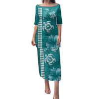 Teal Hibiscus Turle Family Matching Puletasi and Hawaiian Shirt Hawaiian Style Tribal Tapa Pattern LT9 Mom's Dress Teal - Polynesian Pride