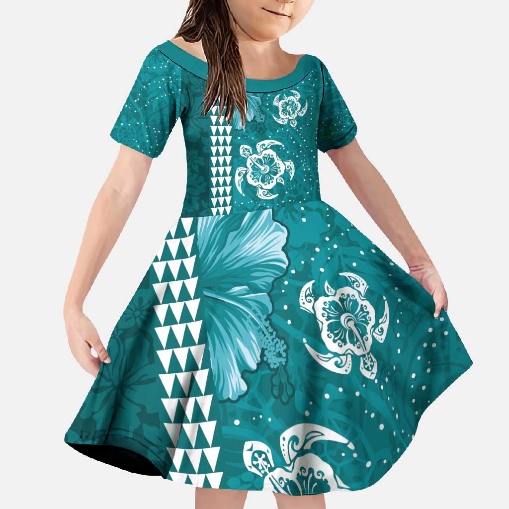 Teal Hibiscus Turle Family Matching Summer Maxi Dress and Hawaiian Shirt Hawaiian Style Tribal Tapa Pattern LT9 Daughter's Dress Teal - Polynesian Pride