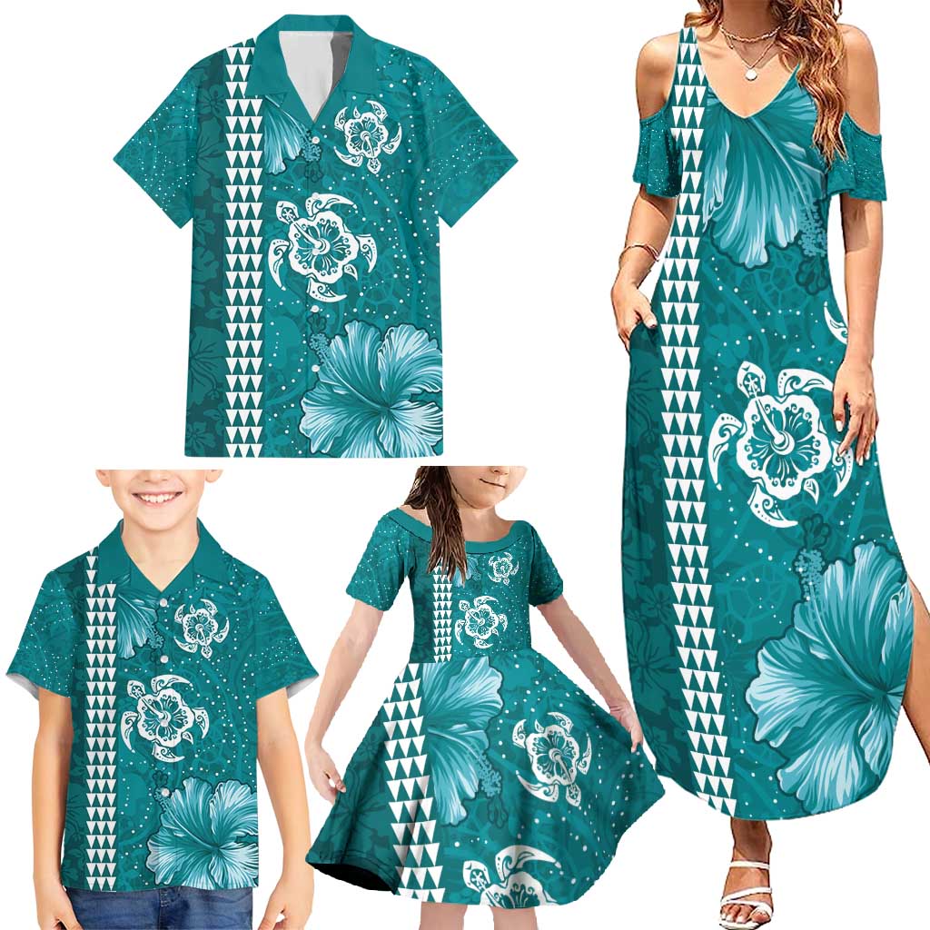 Teal Hibiscus Turle Family Matching Summer Maxi Dress and Hawaiian Shirt Hawaiian Style Tribal Tapa Pattern LT9 - Polynesian Pride