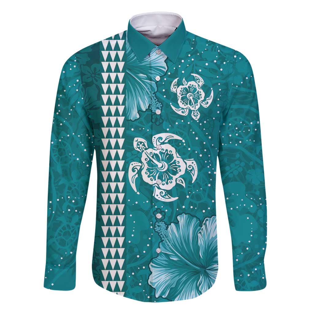 Teal Hibiscus Turle Family Matching Summer Maxi Dress and Hawaiian Shirt Hawaiian Style Tribal Tapa Pattern LT9 Dad's Shirt - Long Sleeve Teal - Polynesian Pride
