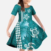 Teal Hibiscus Turle Family Matching Tank Maxi Dress and Hawaiian Shirt Hawaiian Style Tribal Tapa Pattern LT9 Daughter's Dress Teal - Polynesian Pride