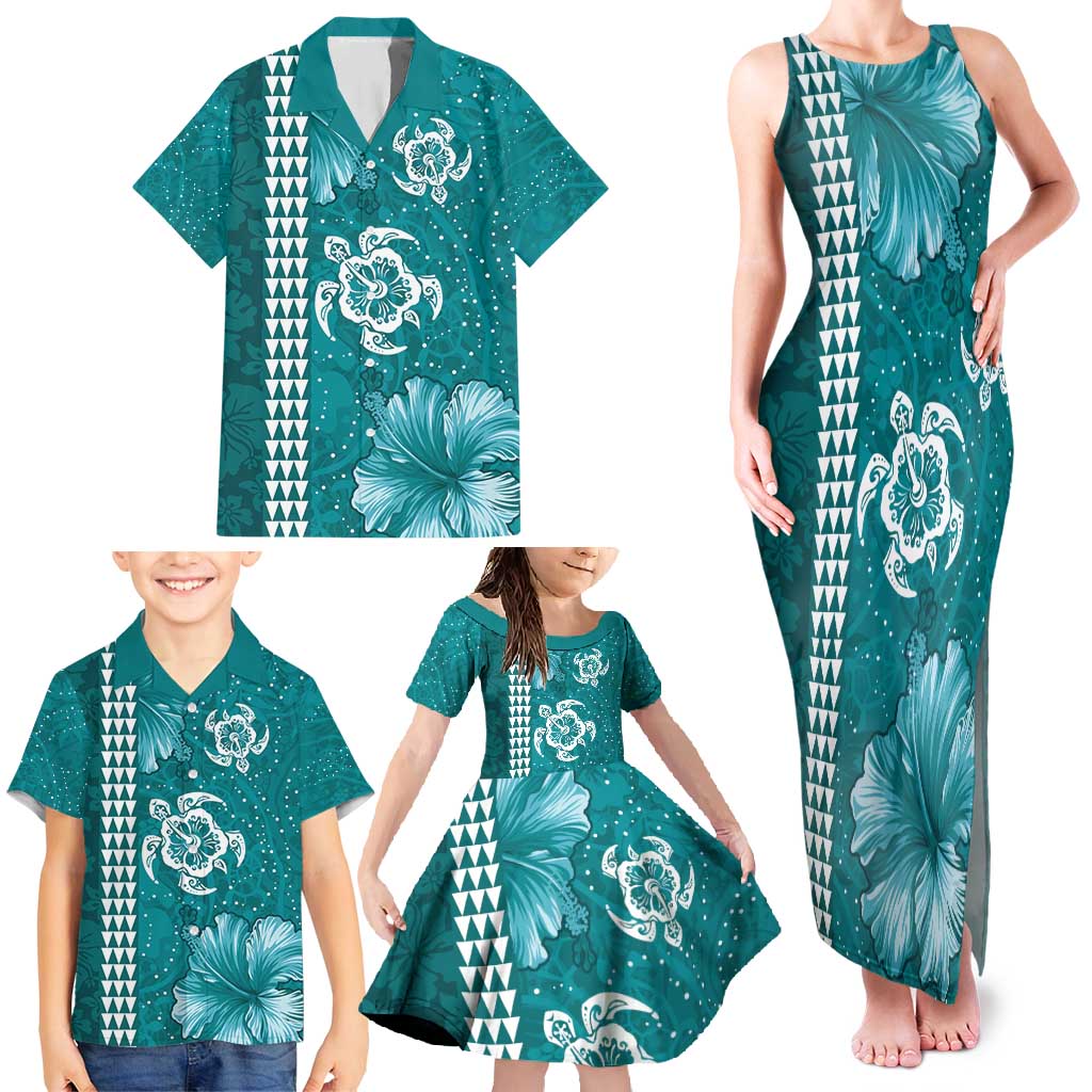 Teal Hibiscus Turle Family Matching Tank Maxi Dress and Hawaiian Shirt Hawaiian Style Tribal Tapa Pattern LT9 - Polynesian Pride