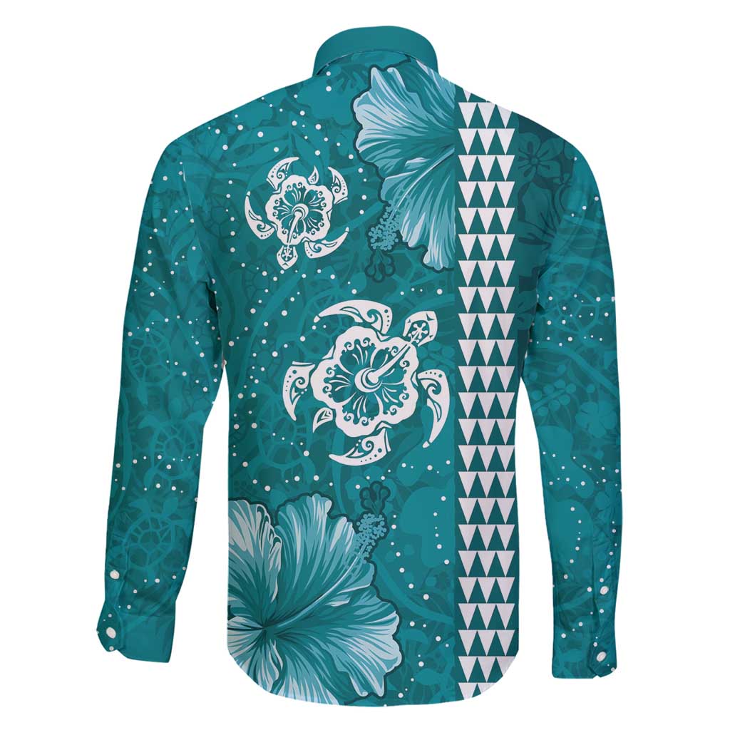 Teal Hibiscus Turle Family Matching Tank Maxi Dress and Hawaiian Shirt Hawaiian Style Tribal Tapa Pattern LT9 - Polynesian Pride