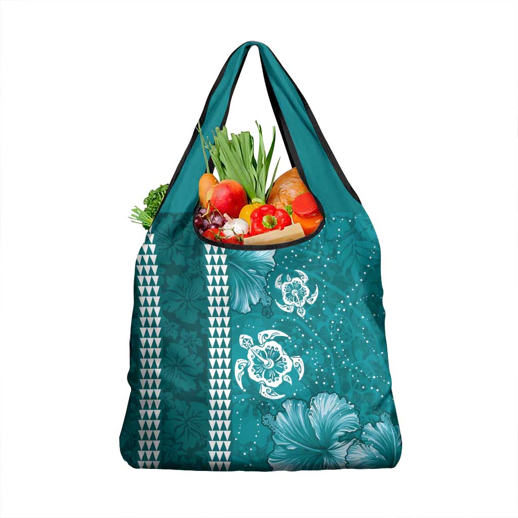Teal Hibiscus Turle Grocery Bag Hawaiian Style Tribal Tapa Pattern LT9 1-pack One Size Teal - Polynesian Pride