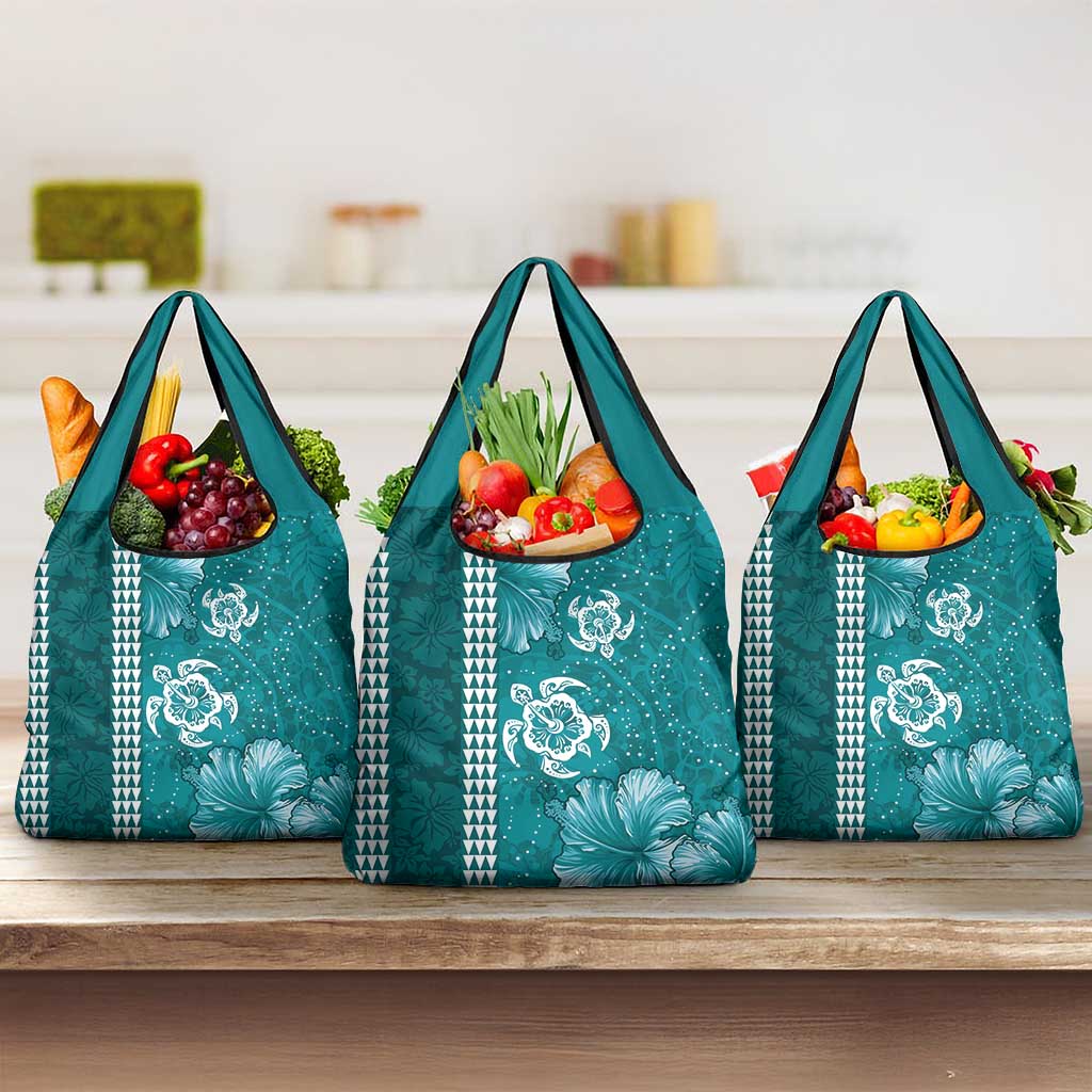 Teal Hibiscus Turle Grocery Bag Hawaiian Style Tribal Tapa Pattern LT9 3-pack One Size Teal - Polynesian Pride