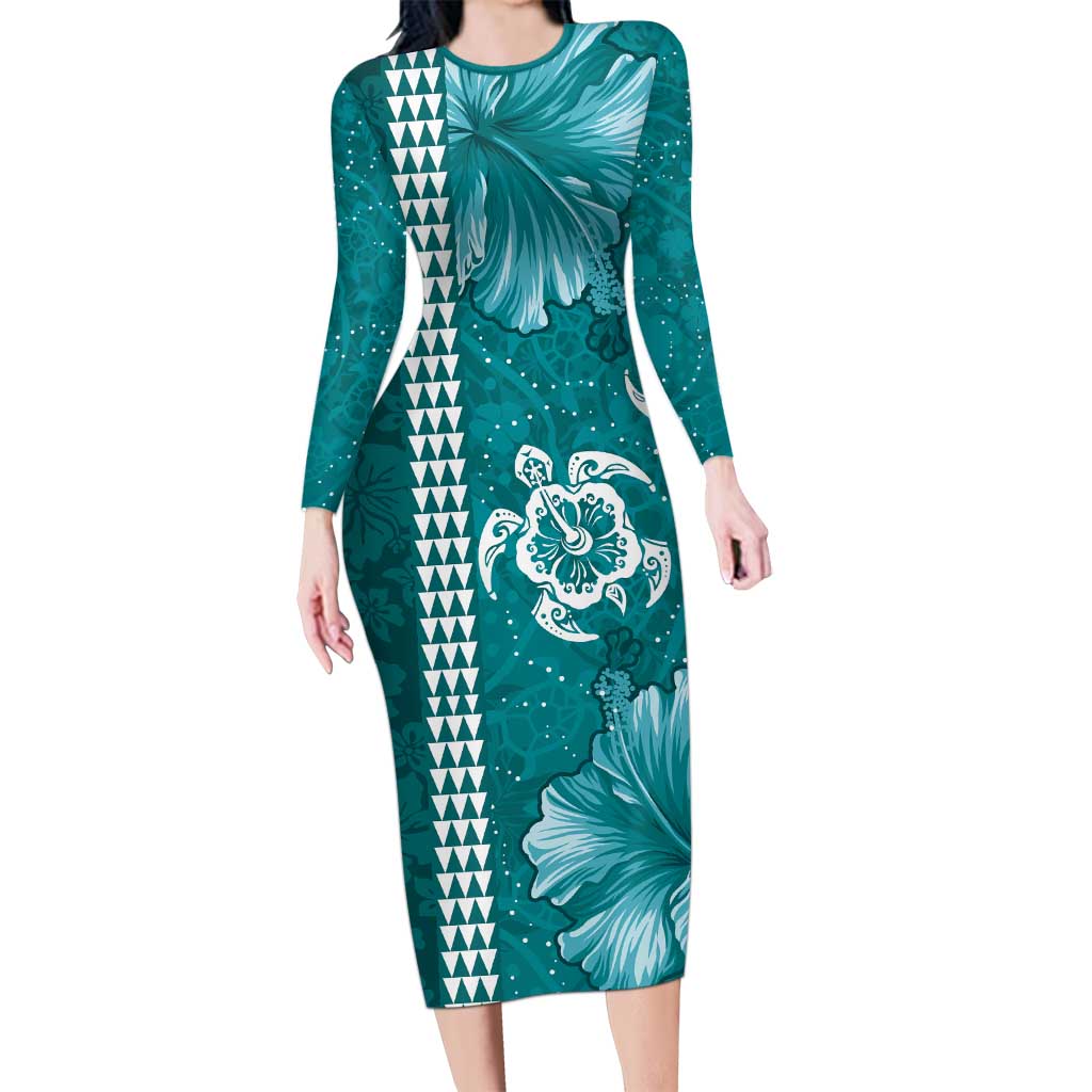 Teal Hibiscus Turle Long Sleeve Bodycon Dress Hawaiian Style Tribal Tapa Pattern