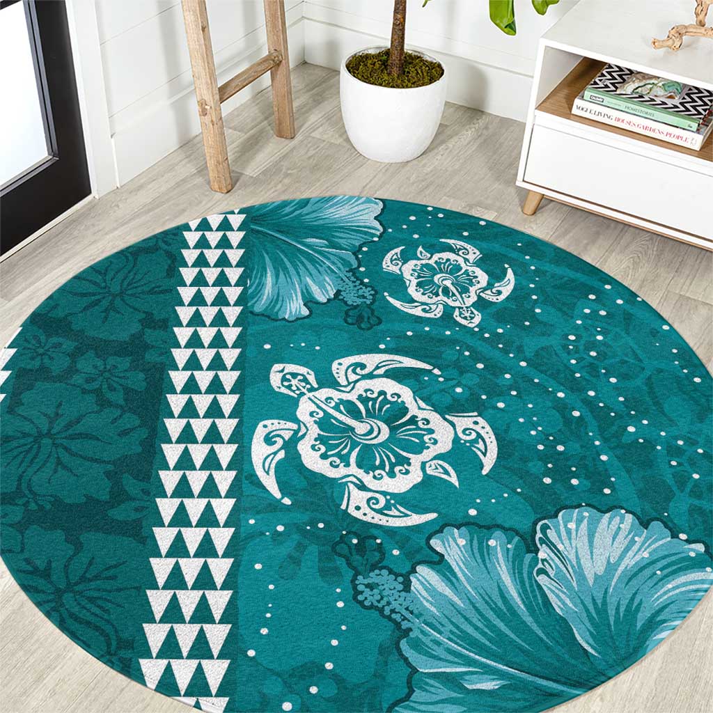 Teal Hibiscus Turle Round Carpet Hawaiian Style Tribal Tapa Pattern LT9 Teal - Polynesian Pride