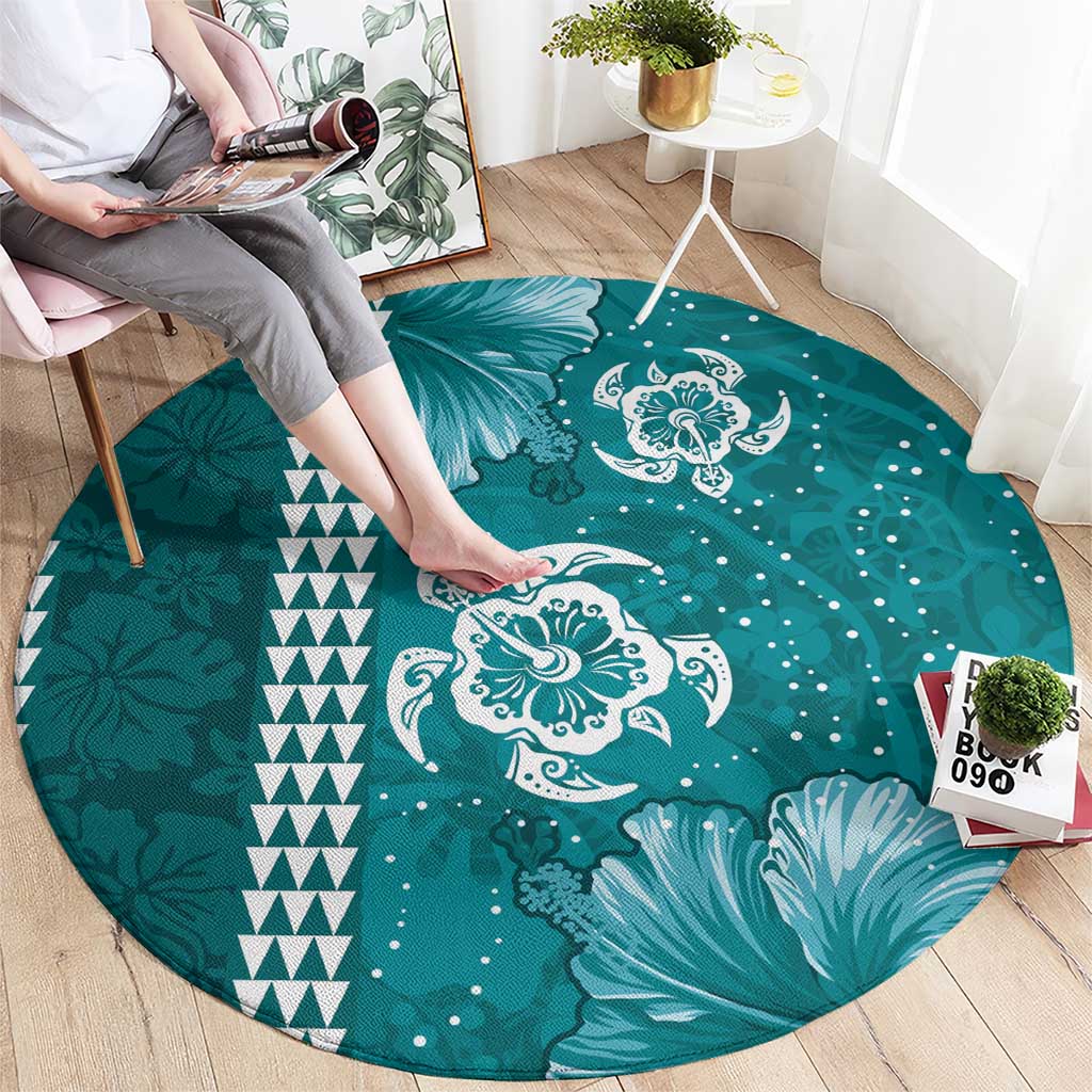 Teal Hibiscus Turle Round Carpet Hawaiian Style Tribal Tapa Pattern LT9 - Polynesian Pride