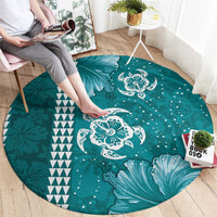 Teal Hibiscus Turle Round Carpet Hawaiian Style Tribal Tapa Pattern LT9 - Polynesian Pride