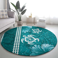 Teal Hibiscus Turle Round Carpet Hawaiian Style Tribal Tapa Pattern LT9 - Polynesian Pride