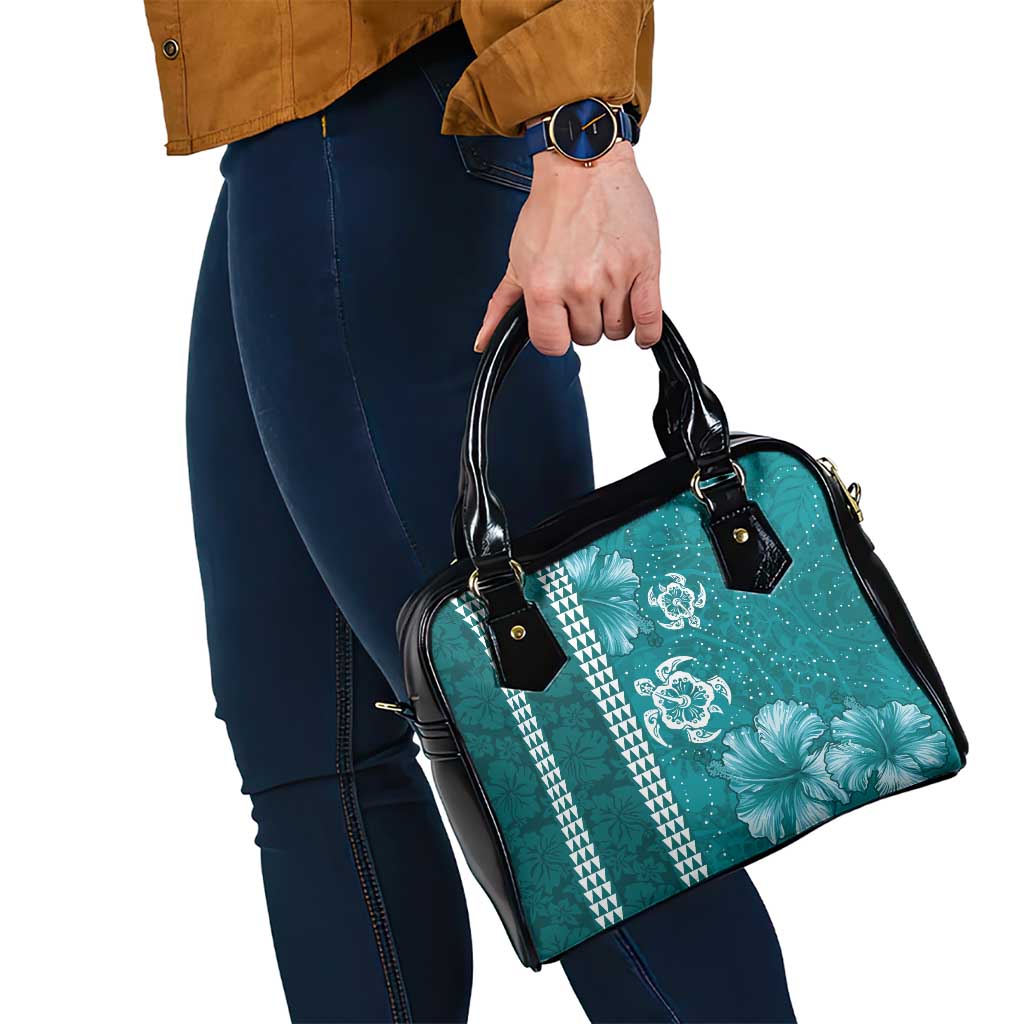 Teal Hibiscus Turle Shoulder Handbag Hawaiian Style Tribal Tapa Pattern