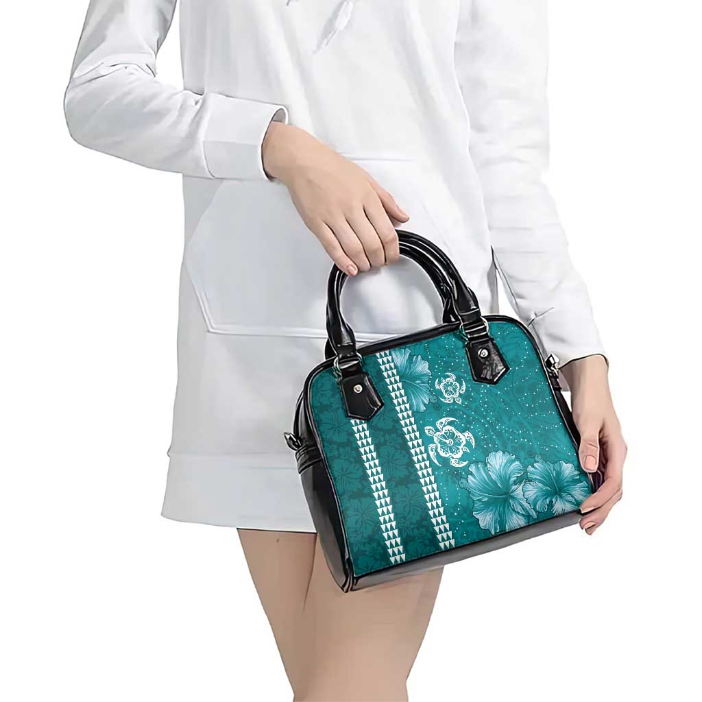 Teal Hibiscus Turle Shoulder Handbag Hawaiian Style Tribal Tapa Pattern