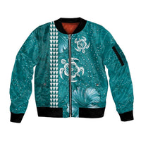 Teal Hibiscus Turle Sleeve Zip Bomber Jacket Hawaiian Style Tribal Tapa Pattern LT9 Unisex Teal - Polynesian Pride