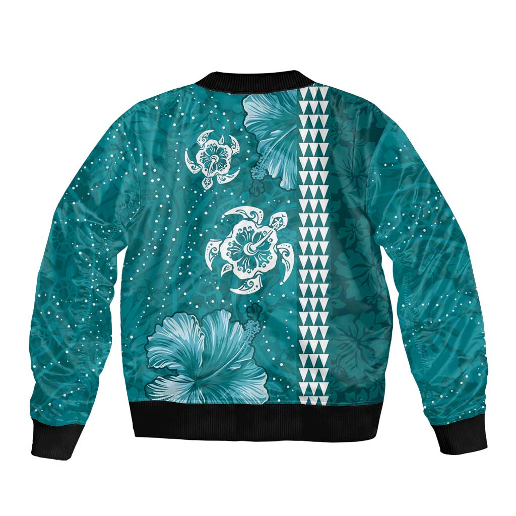 Teal Hibiscus Turle Sleeve Zip Bomber Jacket Hawaiian Style Tribal Tapa Pattern LT9 - Polynesian Pride