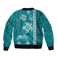 Teal Hibiscus Turle Sleeve Zip Bomber Jacket Hawaiian Style Tribal Tapa Pattern LT9 - Polynesian Pride