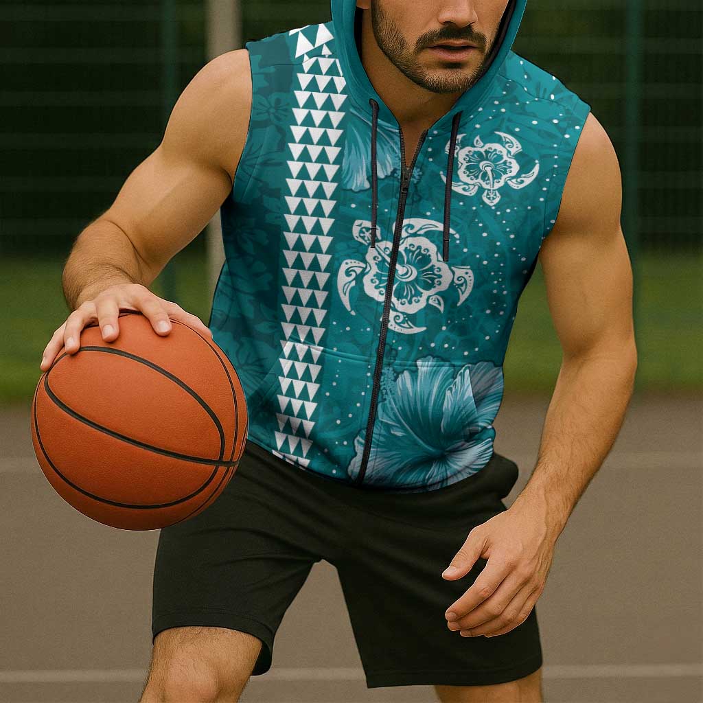 Teal Hibiscus Turle Sleeveless Zip Hoodie Hawaiian Style Tribal Tapa Pattern - Polynesian Pride