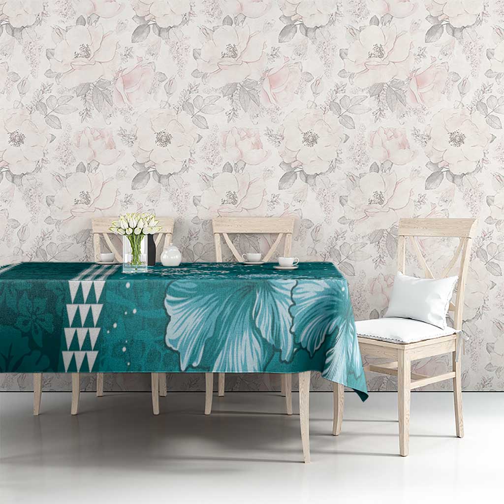 Teal Hibiscus Turle Tablecloth Hawaiian Style Tribal Tapa Pattern