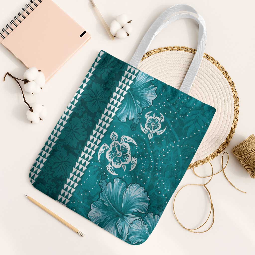 Teal Hibiscus Turle Tote Bag Hawaiian Style Tribal Tapa Pattern LT9 White Strap One Size Teal - Polynesian Pride
