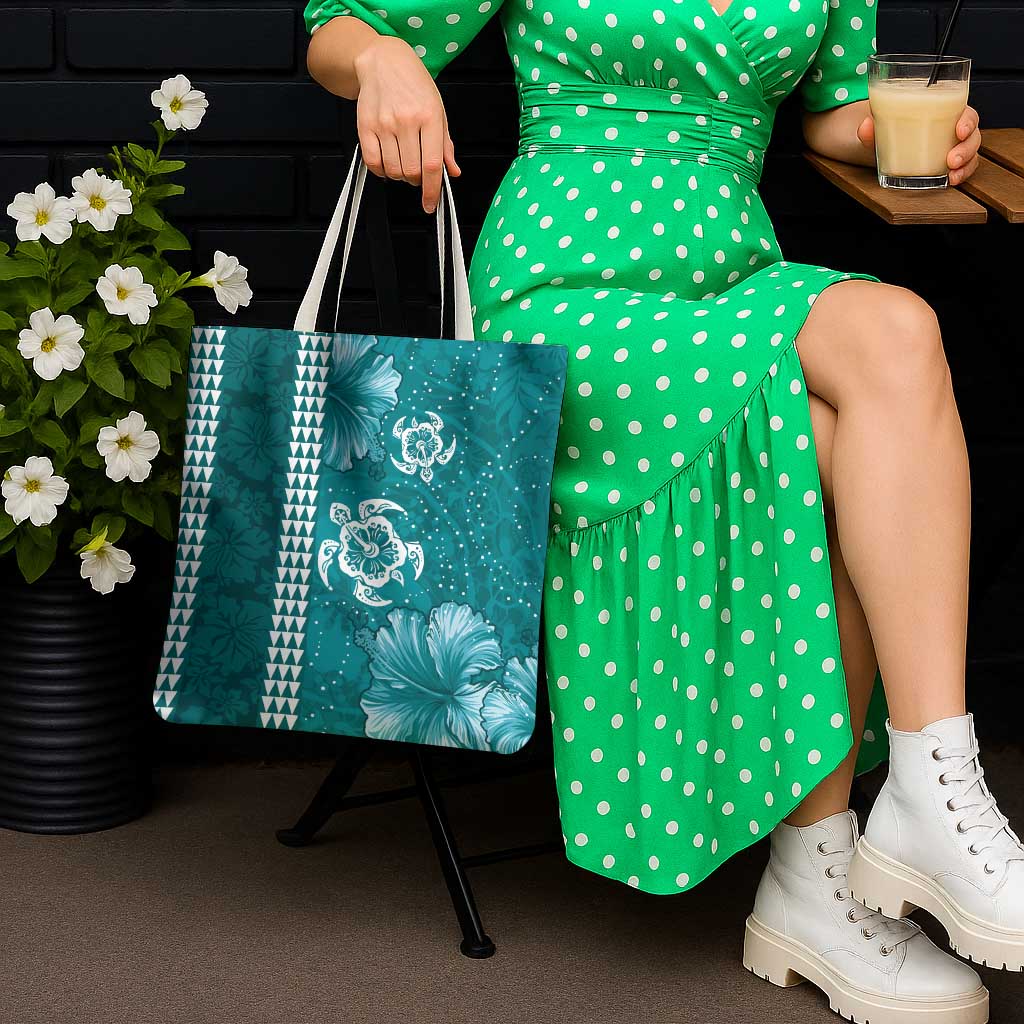 Teal Hibiscus Turle Tote Bag Hawaiian Style Tribal Tapa Pattern LT9 - Polynesian Pride