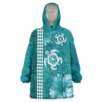 Teal Hibiscus Turle Wearable Blanket Hoodie Hawaiian Style Tribal Tapa Pattern LT9 One Size Teal - Polynesian Pride
