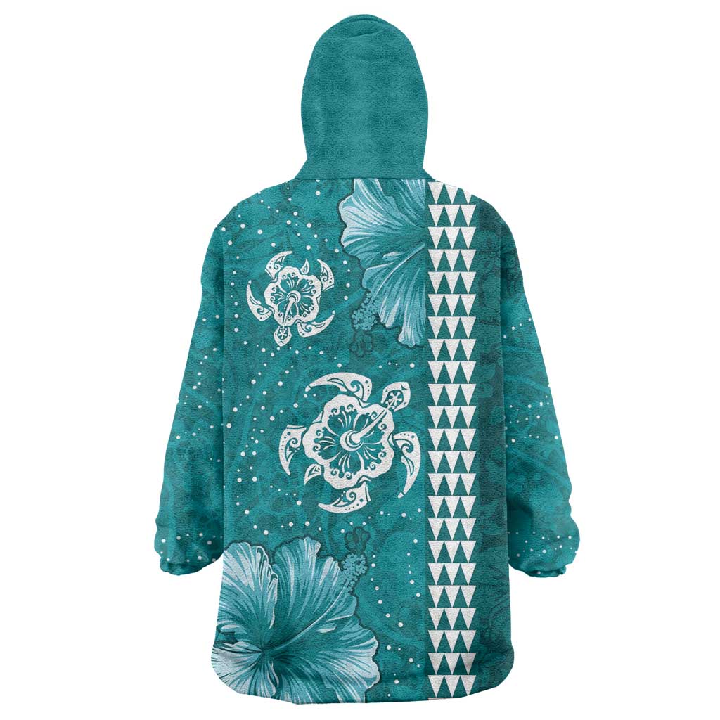 Teal Hibiscus Turle Wearable Blanket Hoodie Hawaiian Style Tribal Tapa Pattern LT9 - Polynesian Pride