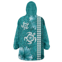 Teal Hibiscus Turle Wearable Blanket Hoodie Hawaiian Style Tribal Tapa Pattern LT9 - Polynesian Pride
